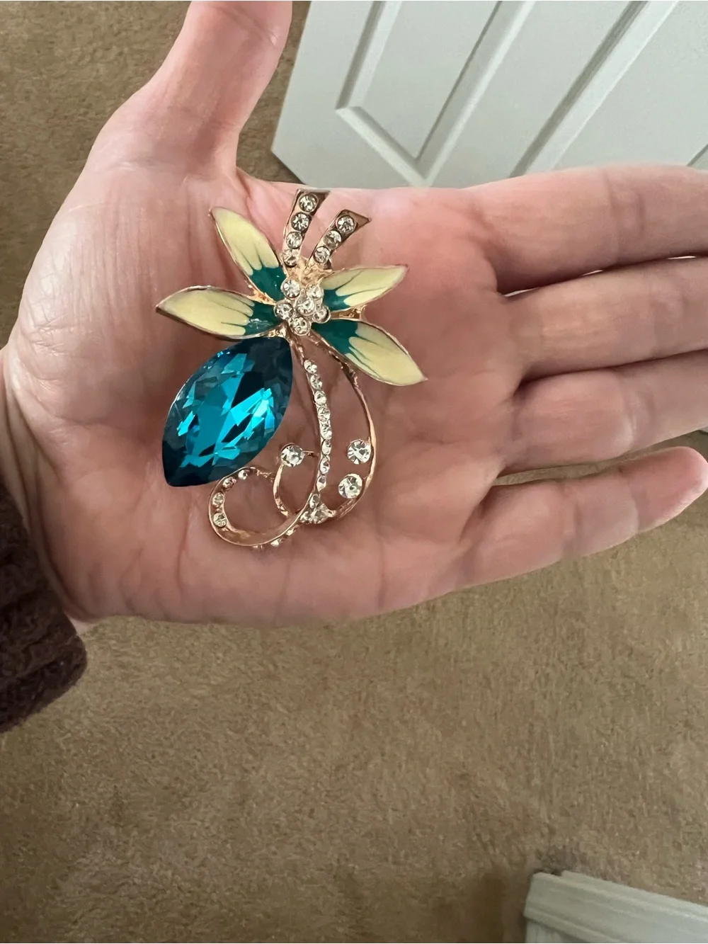 Teal Blue Crystal Floral Brooch with Ivory Enamel Petals